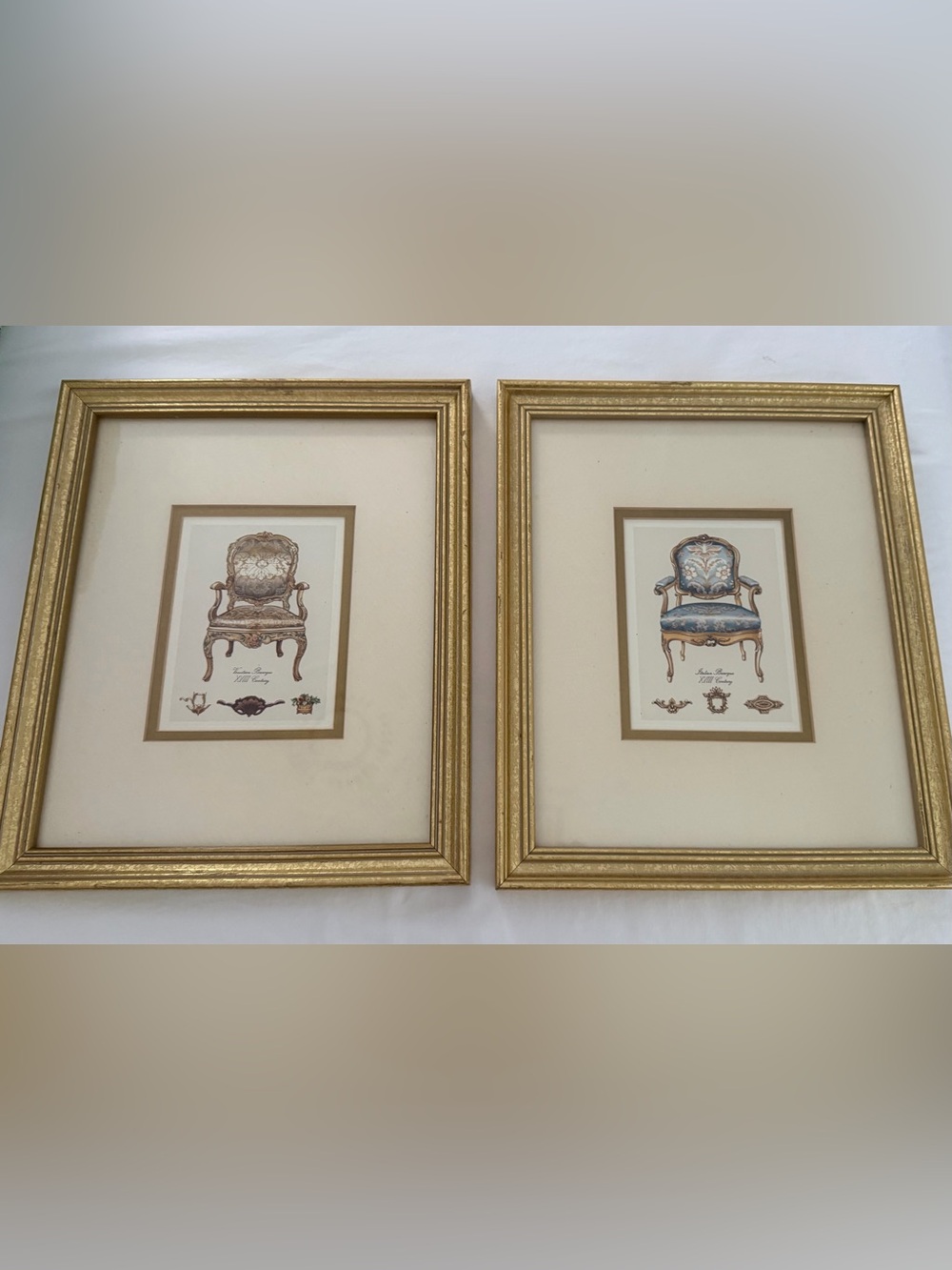Set of 2 Gold Framed Baroque Chair Prints with Cream and Gold Mats